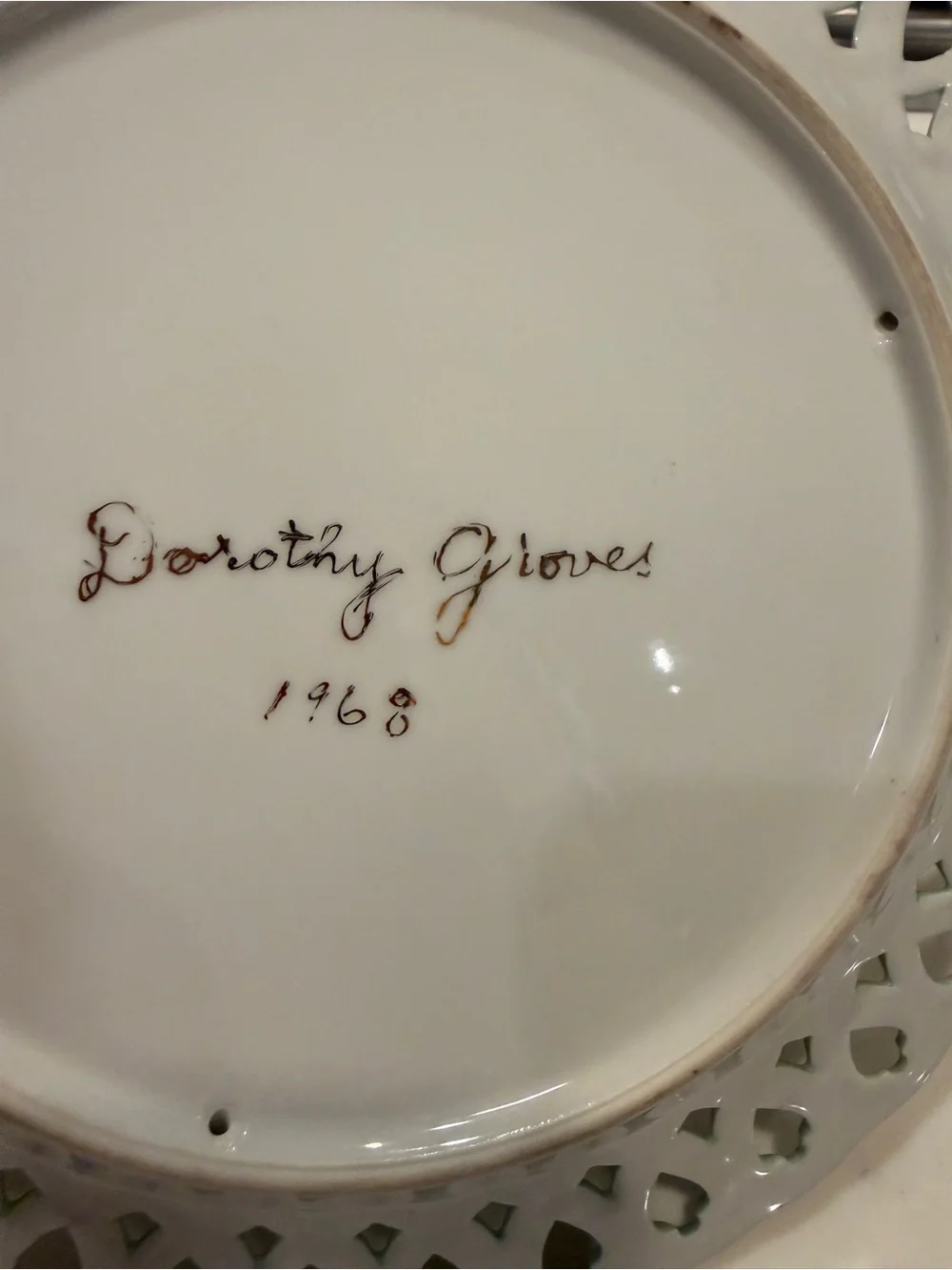 Vintage 1968 Hand Painted Floral Porcelain Plate Pierced Rim Dorothy Glover